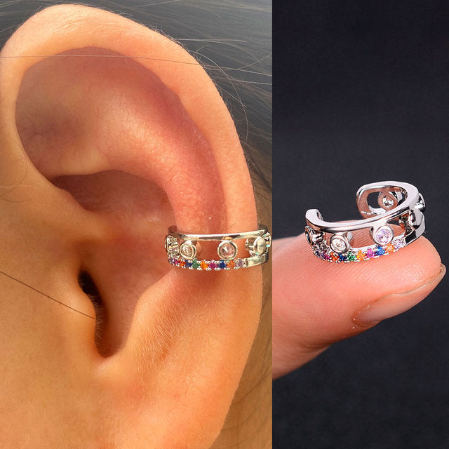 1Pc Hollow Geometry Rainbow CZ Cuff Wrap Clip On Earrings Women Climber Ear Cartilage Bone Clips